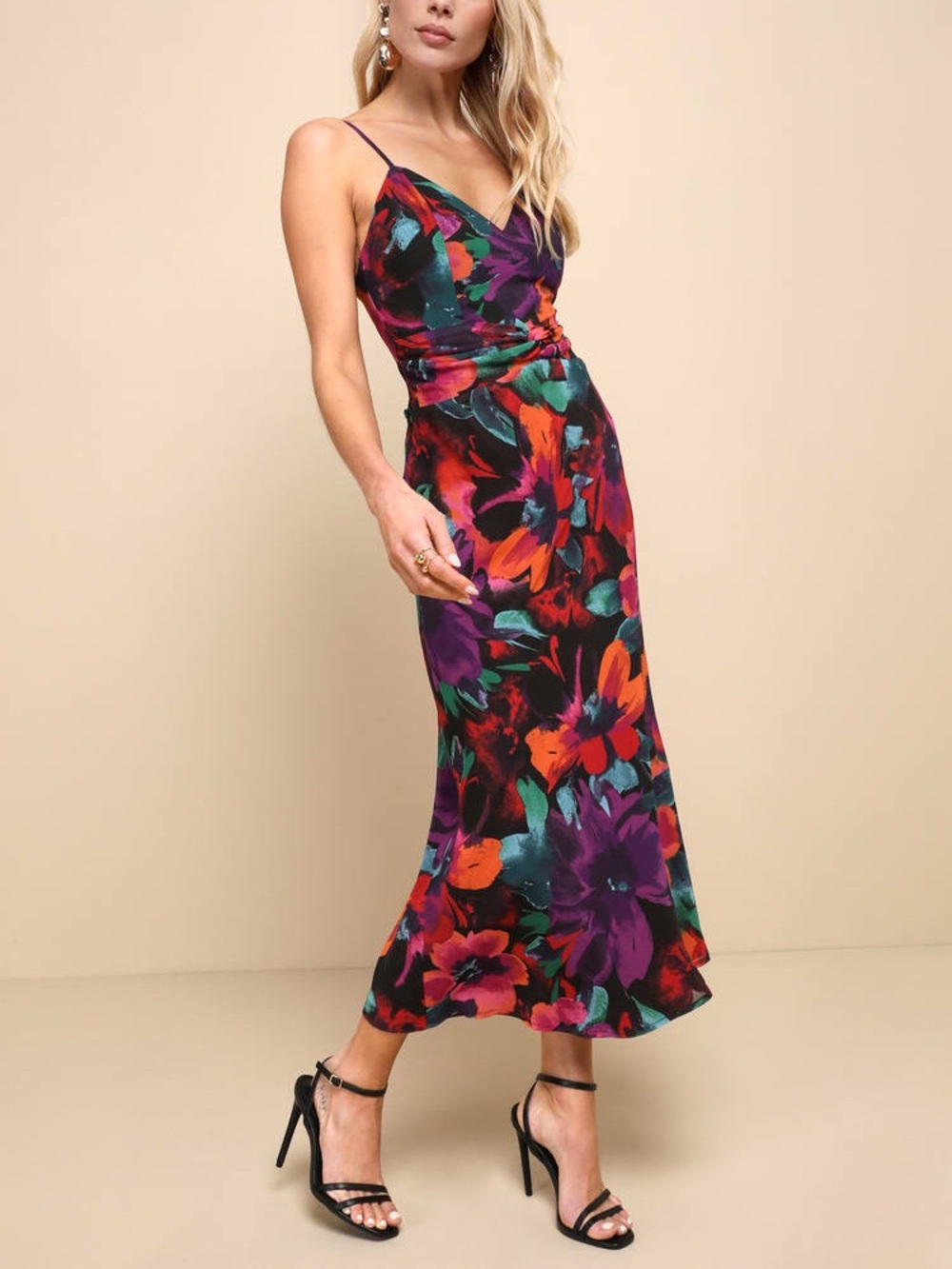 Lulus Beautiful Entrance Multi Floral Twist-Front Midi Dress in Multi Floral - L - Picture 14 of 14